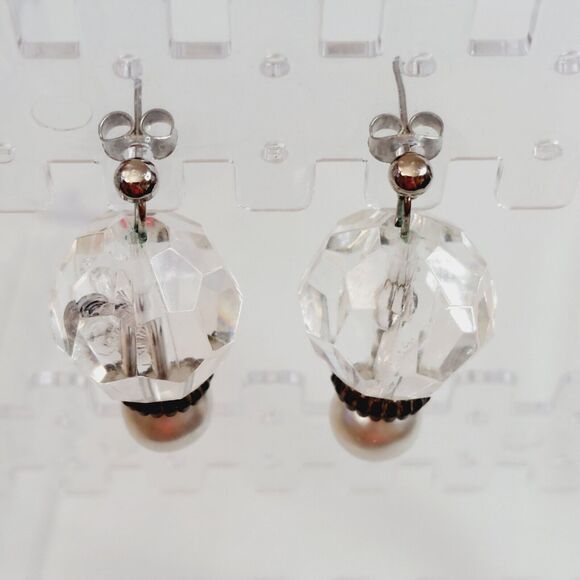 Chunky Dangle Earrings White Faux Pearl Fun Clear Faceted Bead Party Date Night - Picture 2 of 5